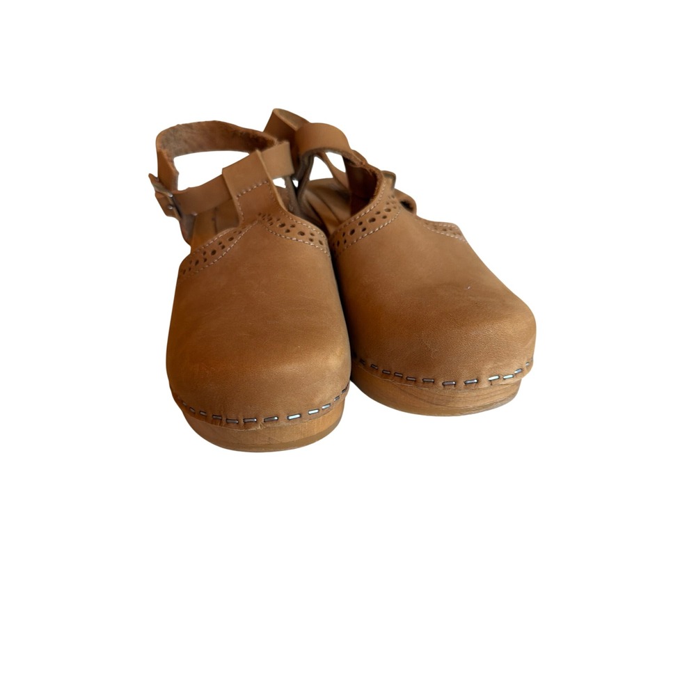 Bjork Clog Sandals Tan Leather T-Strap Swedish Comfort Wood Block Heel - Picture 2 of 7